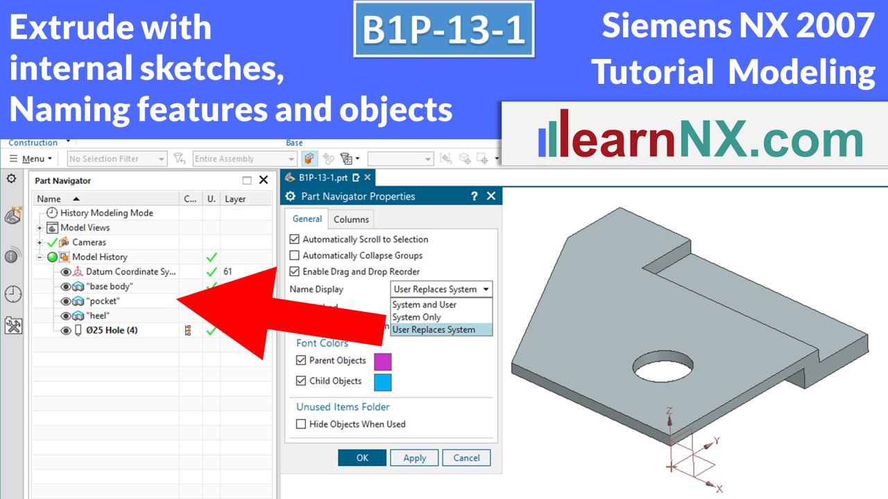 Siemens NX Tutorial | Extrude with internal sketches, Naming features and objects